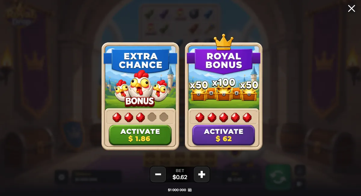 Écran des deux achats de bonus : Extra Chance (x3 la mise) et Royal Bonus (x100, coffres x50/x100/x50), avec jauges de rubis